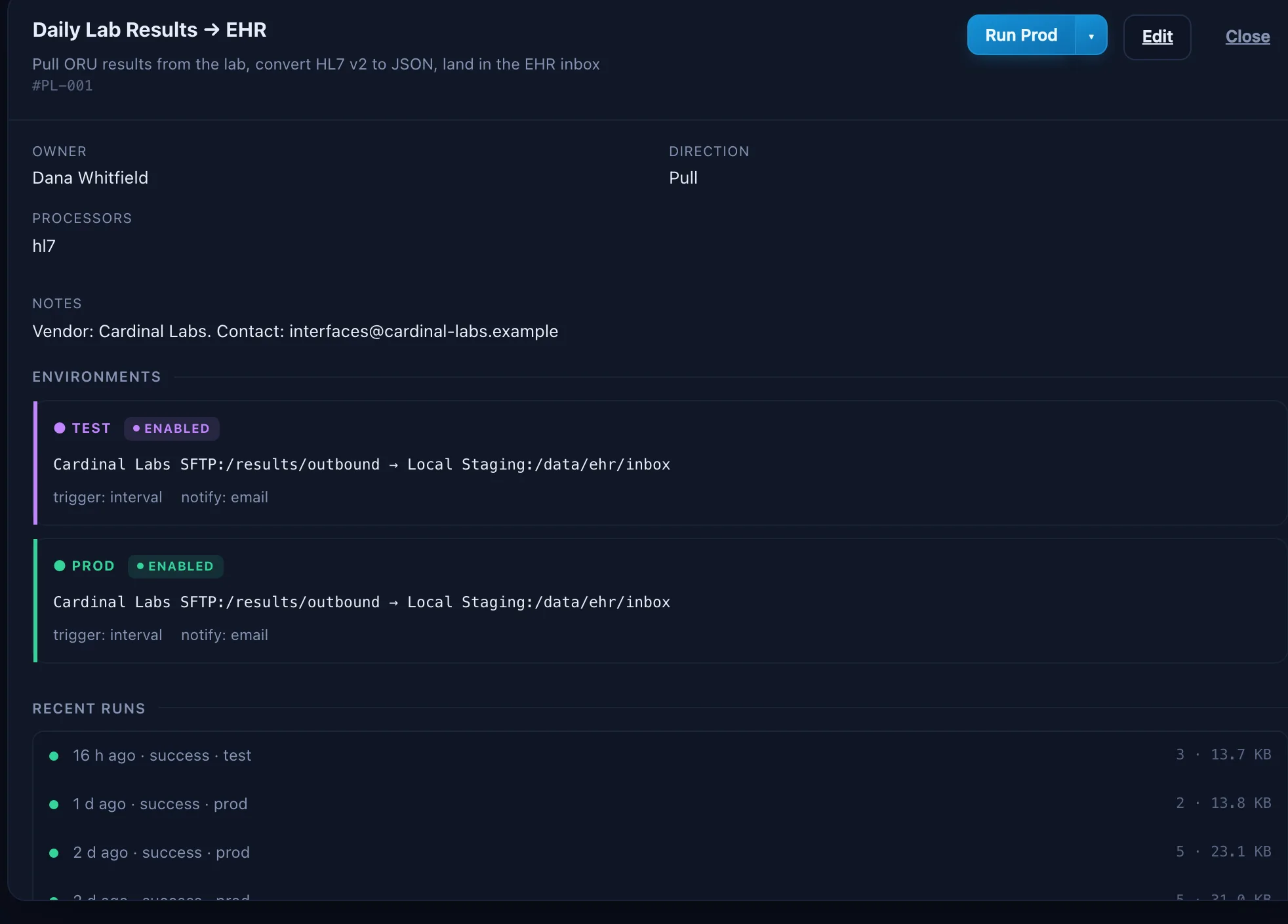 Relayrix pipeline detail: transfer route, Test and Prod environments, an HL7-to-JSON processor, and recent successful runs.