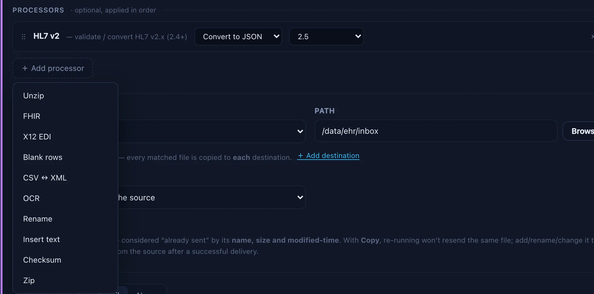 Relayrix pipeline builder with an HL7 v2 processor already added and the Add-processor menu open, listing Unzip, FHIR, X12 EDI, Blank rows, CSV↔XML, OCR, Rename, Insert text, Checksum and Zip.