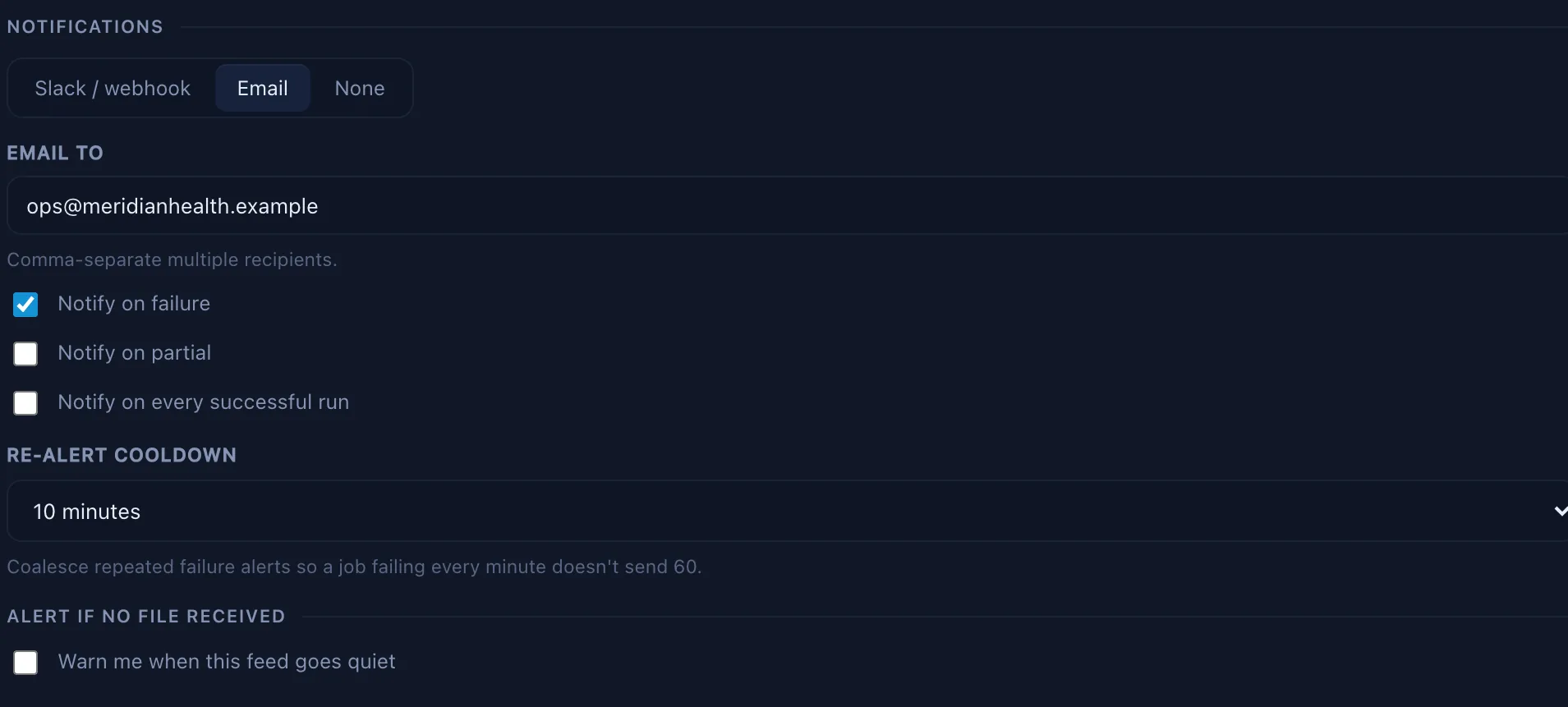 Relayrix delivery and alerts configuration: email or a Slack / Teams / webhook alert, a re-alert cooldown, and a stale-feed alert.